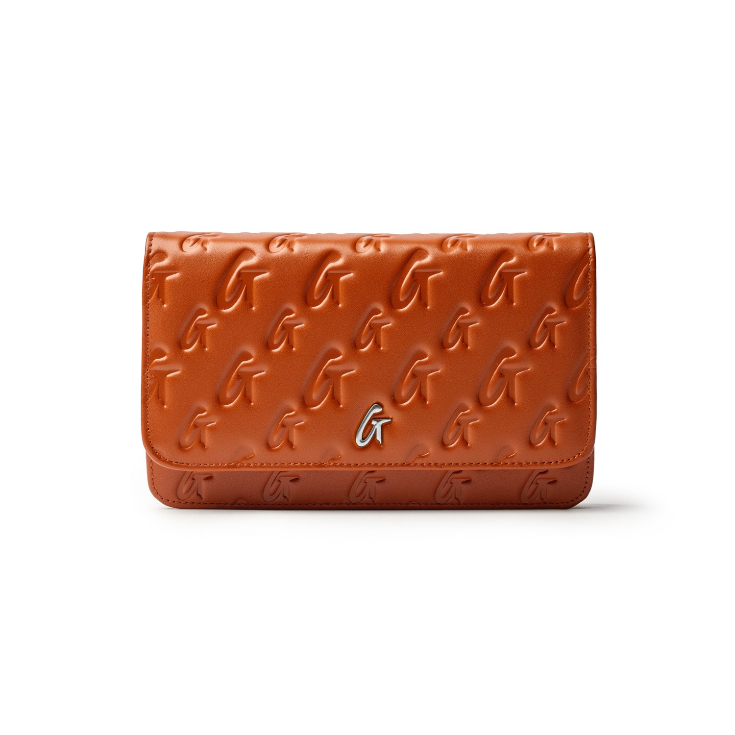 Brown leather wallet with embossed G pattern and silver G logo accent, featuring a monogram design.