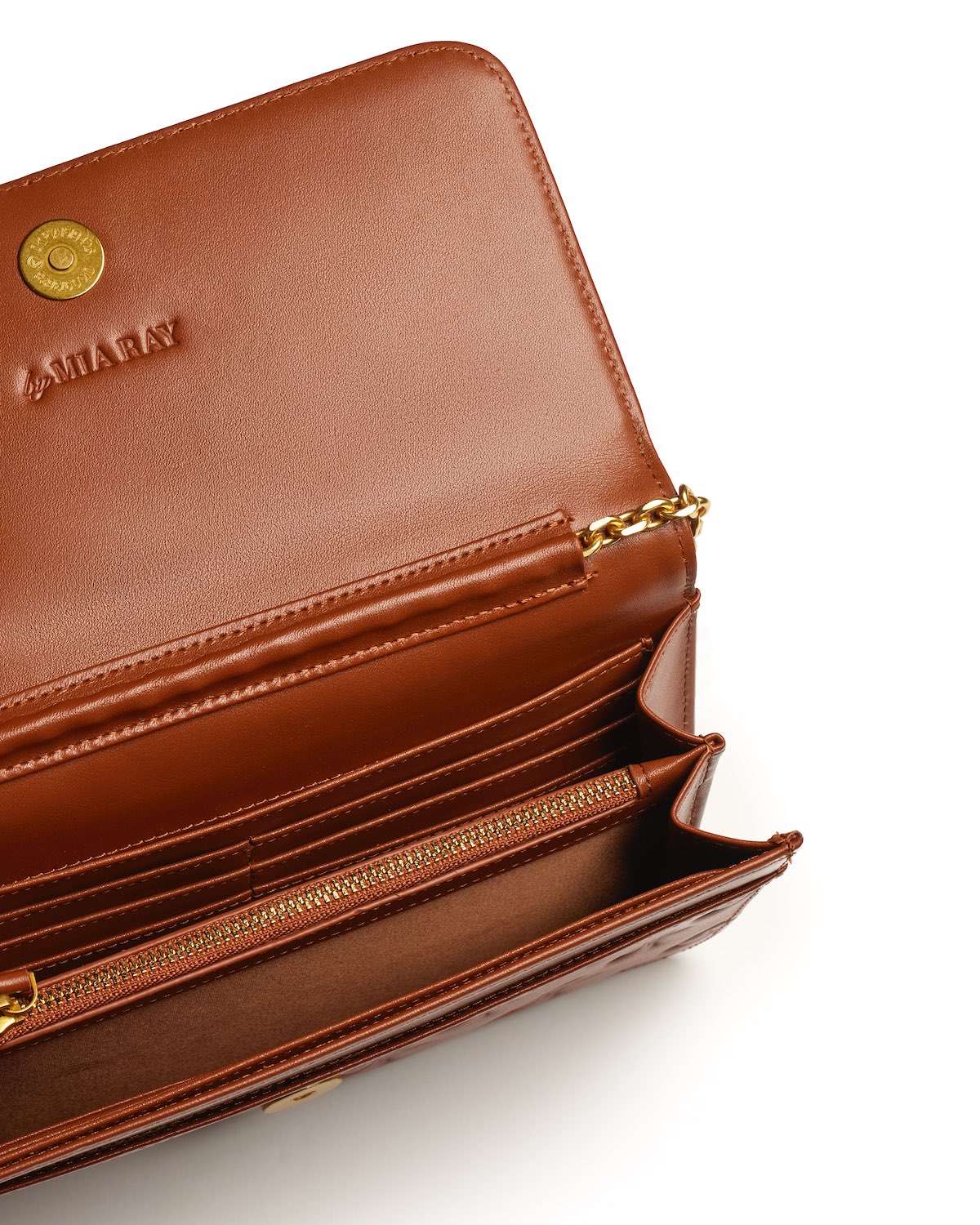 Open brown leather wallet with gold chain detail, multiple card slots, and a zippered coin compartment.