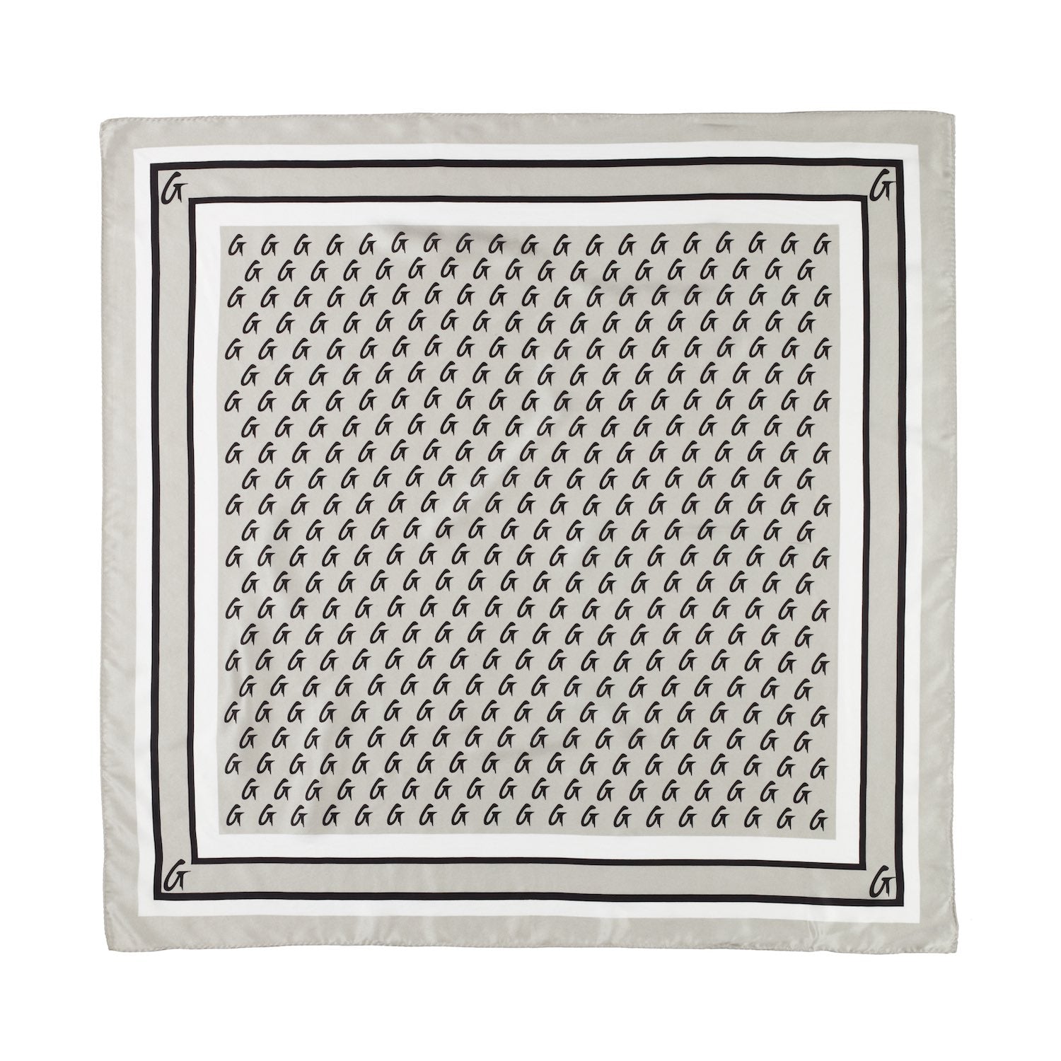 Large silk scarf with a monogram pattern in silver, featuring a border with "G" initials at each corner.