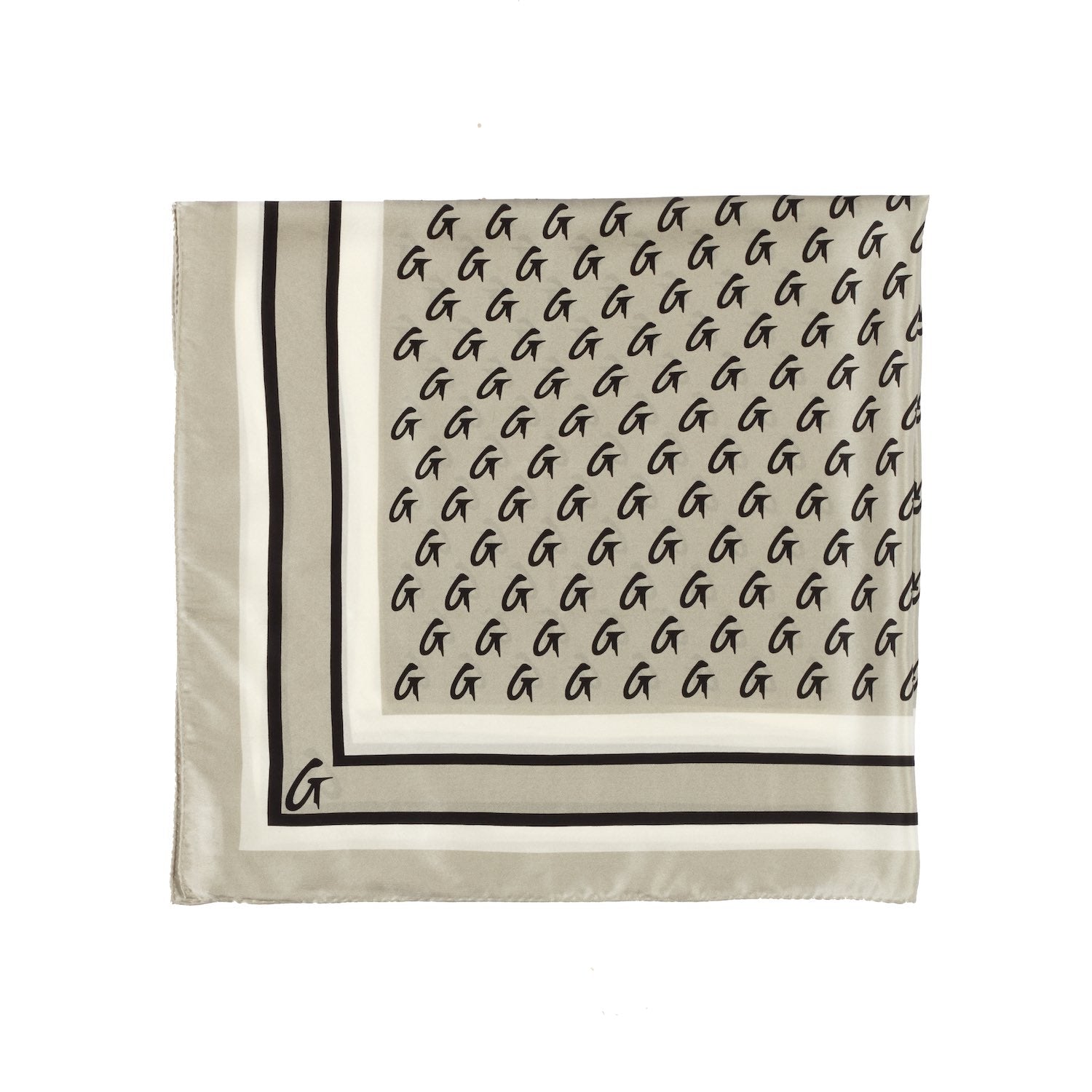 Large silk scarf with a silver monogram pattern, featuring a border design and a prominent "G" logo in black.