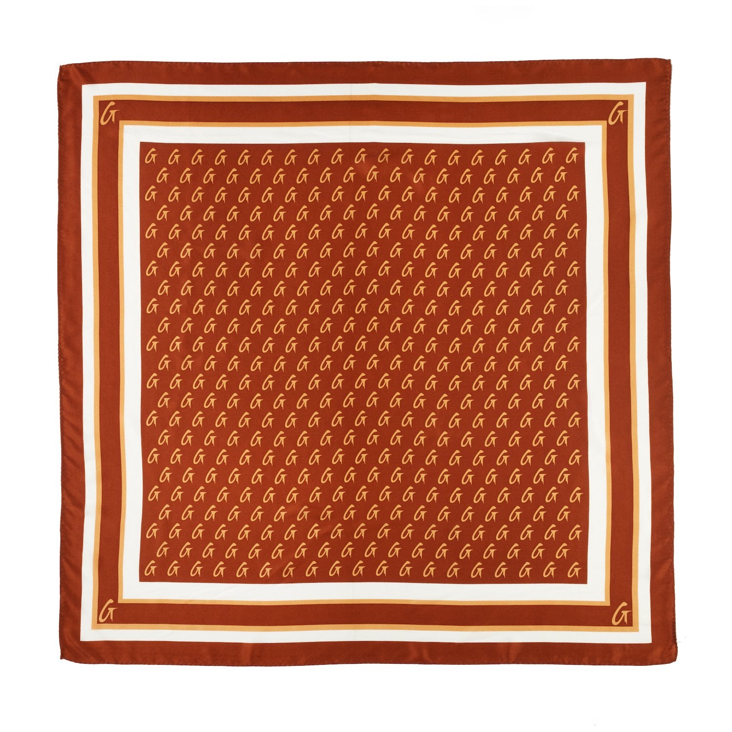 Large brown silk scarf with a monogram pattern, featuring a border and corner details, stylish and luxurious accessory.