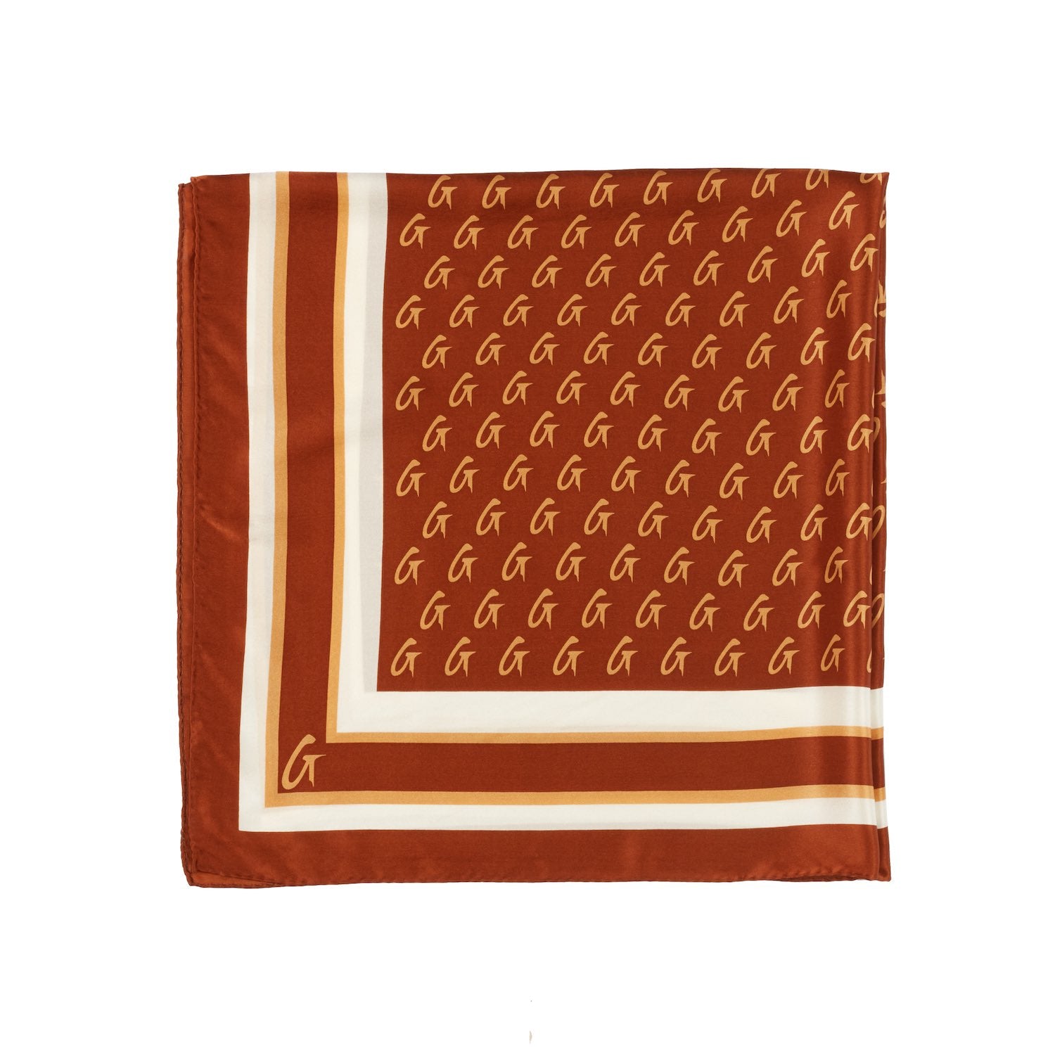 Large brown silk scarf with a monogram pattern, featuring a border and a small logo in the corner.