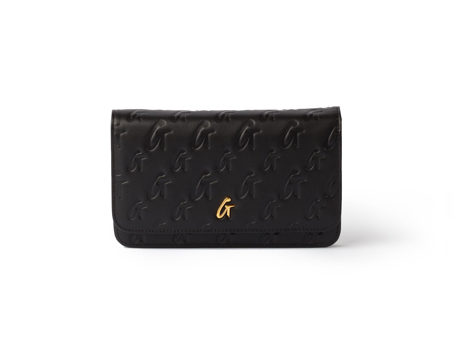 Black Monogram Gold WOC wallet with embossed G pattern and a gold G logo on the front.