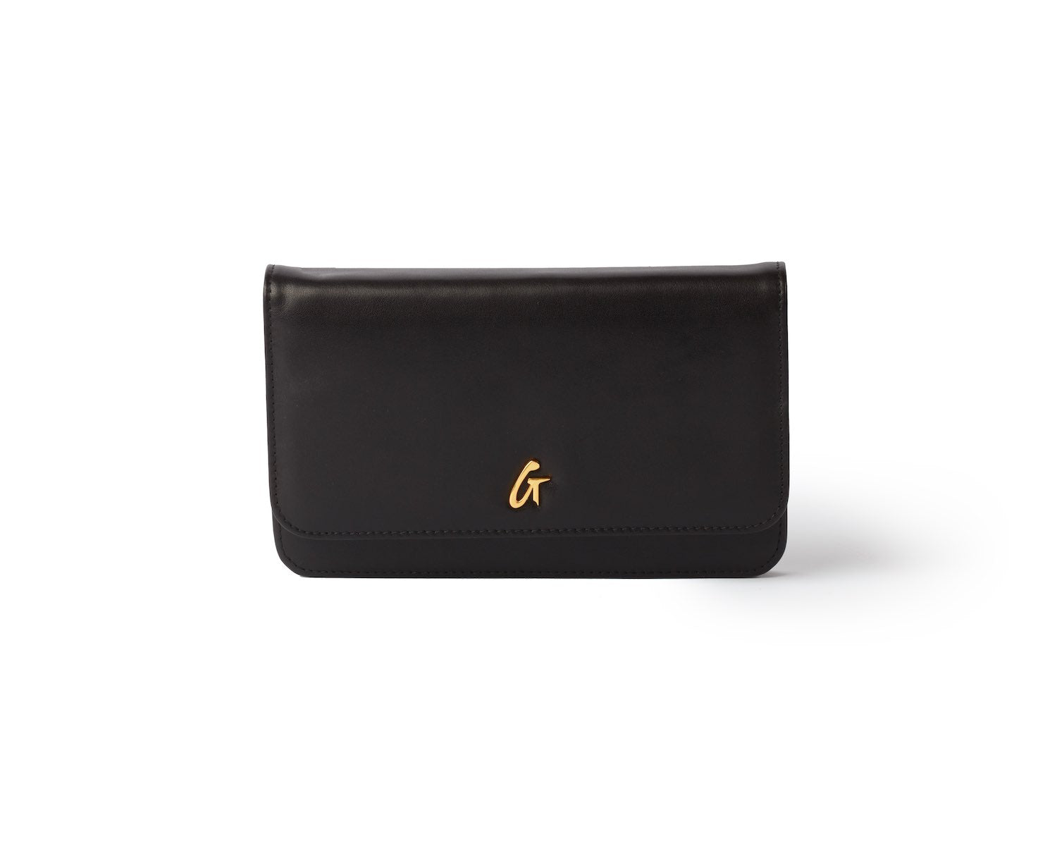 Black leather wallet with a gold "G" logo, featuring a sleek, minimalist design on a white background.