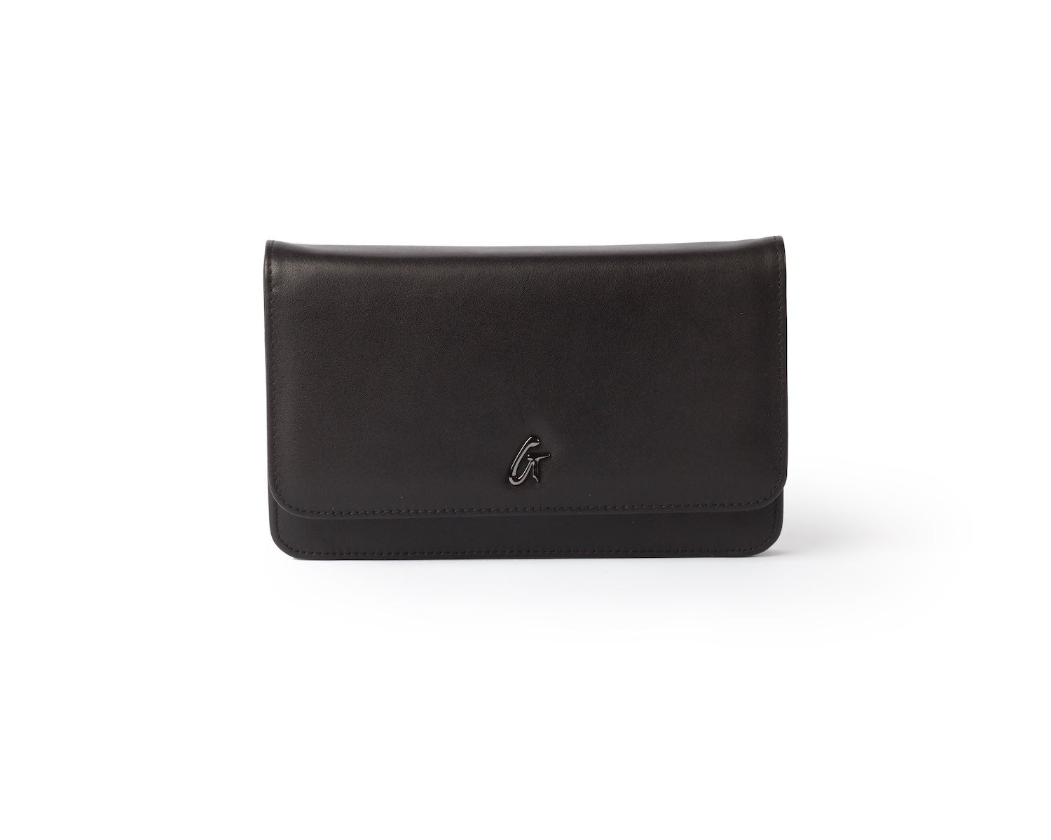Black gunmetal-colored women's wallet with a sleek design and a small metallic logo on the front.