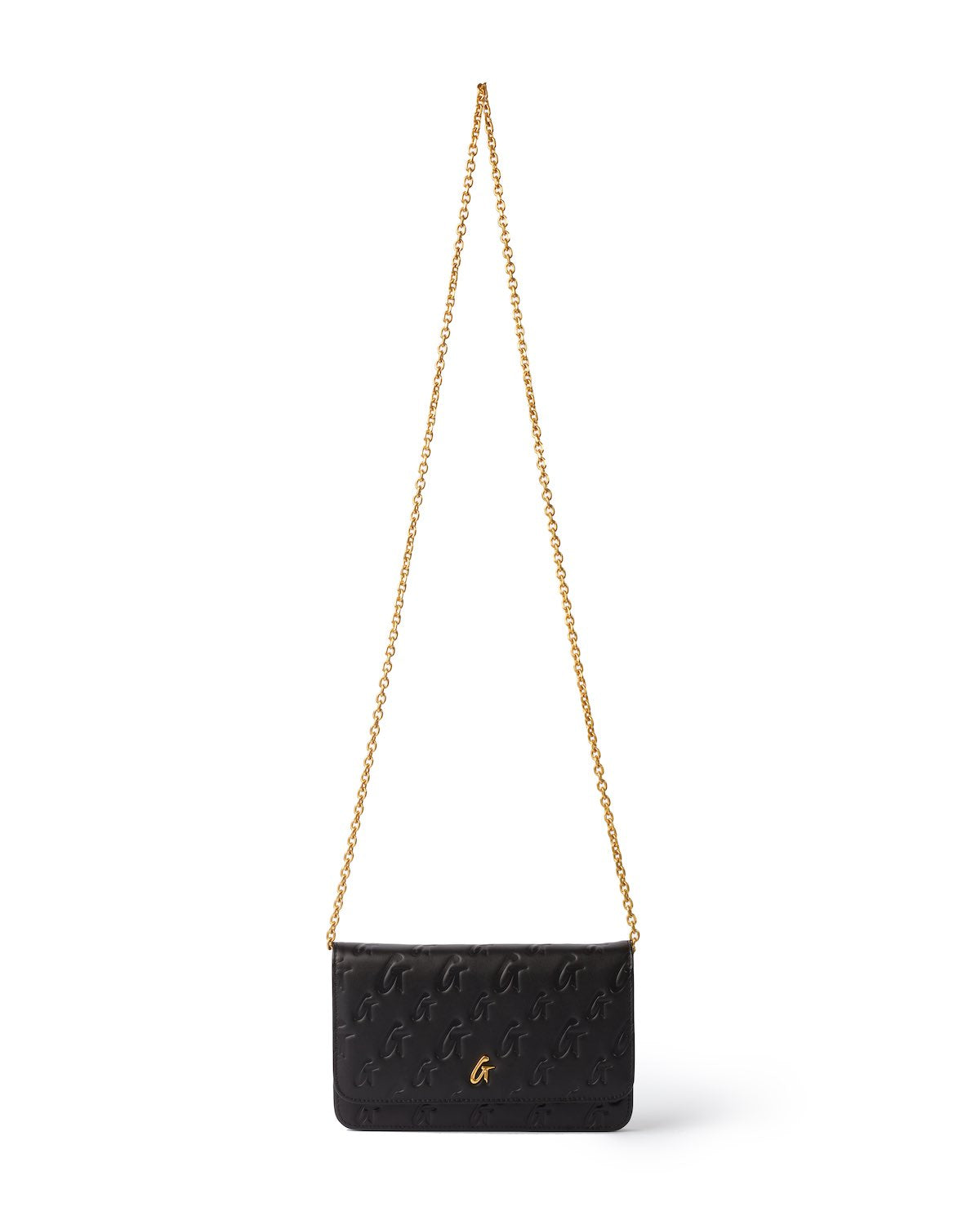 Black Monogram Gold WOC handbag with a gold chain strap and embossed monogram pattern, featuring a small gold logo on the front.