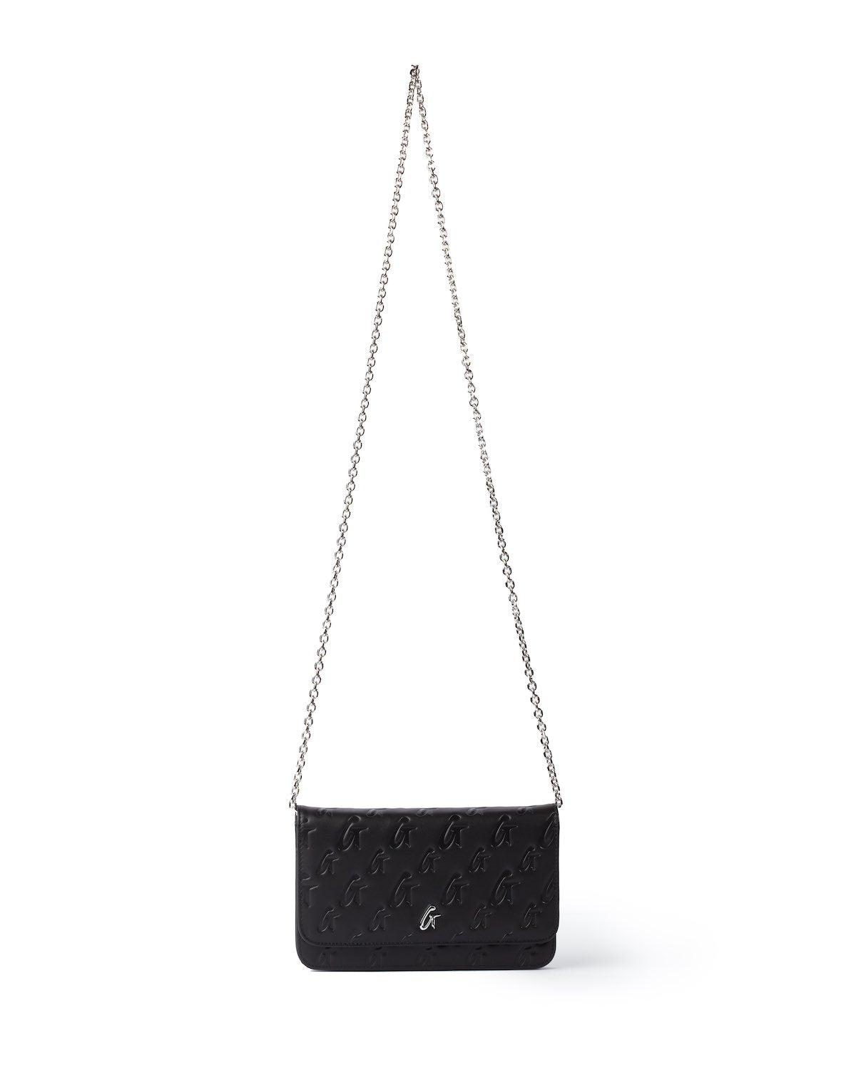 Black Monogram Silver WOC handbag with a chain strap and embossed logo pattern on the front.