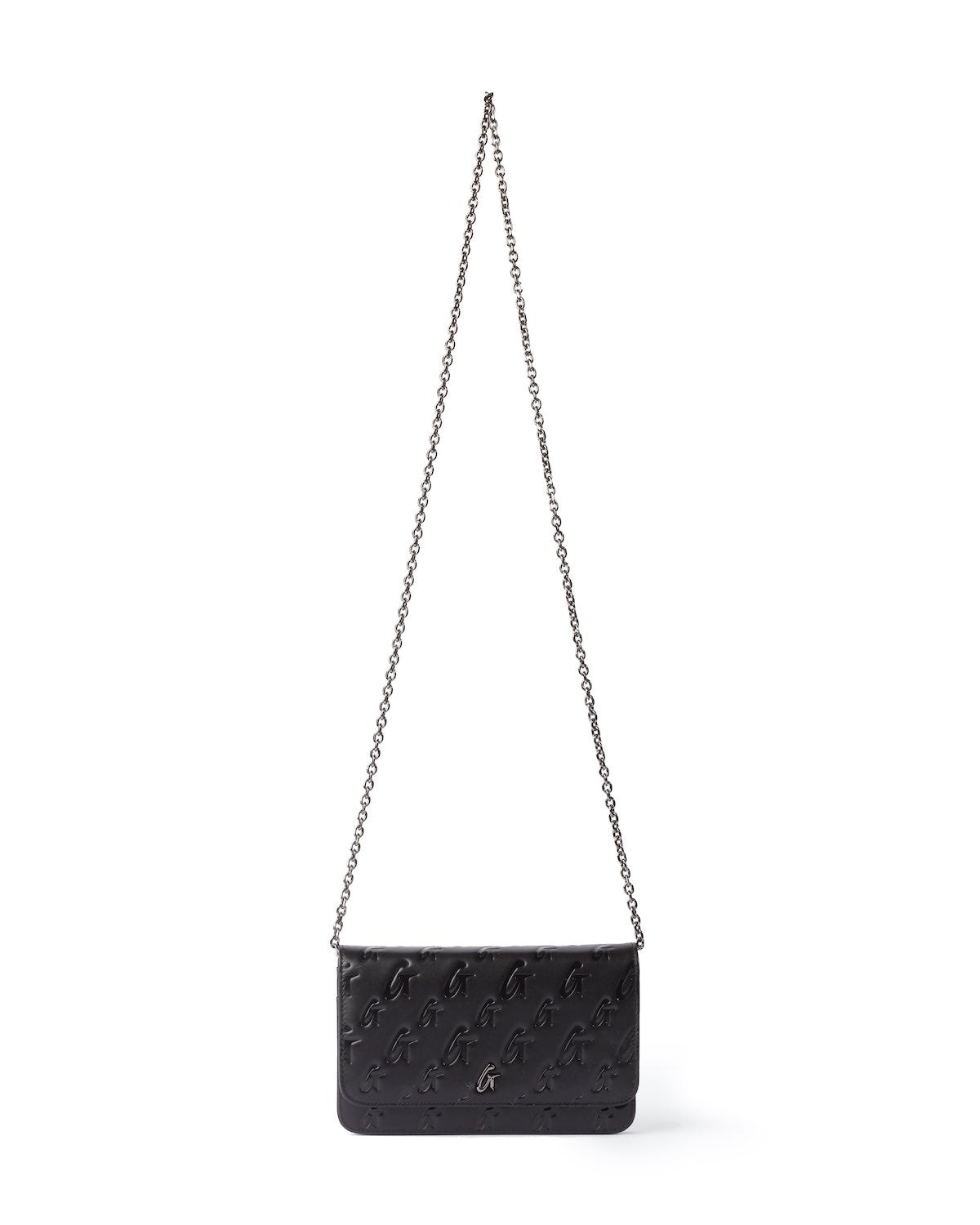 Black Monogram Gunmetal WOC handbag with a chain strap and embossed logo pattern on the front.