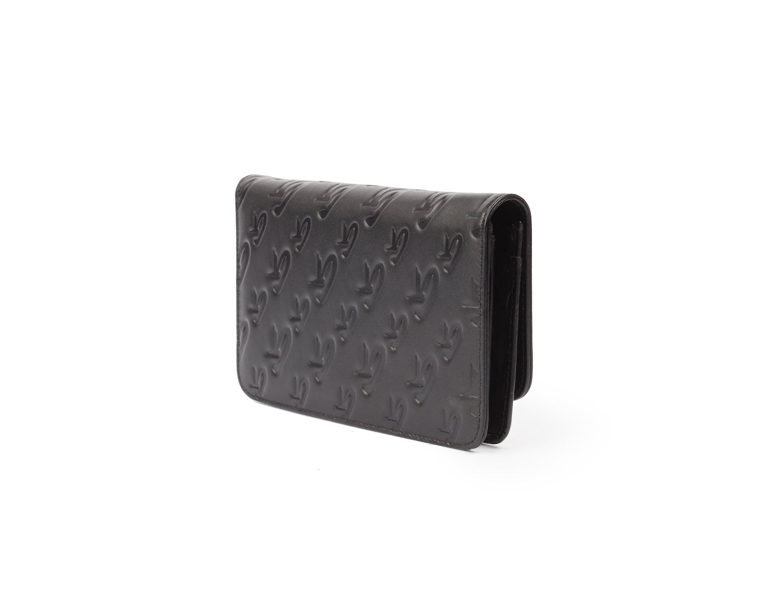 Black Monogram Gunmetal WOC wallet with embossed logo pattern on leather surface, compact design, and sleek finish.